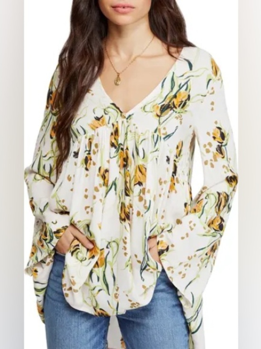 Free People Floral Babydoll Blouse Bell Sleeve Boho Top Large